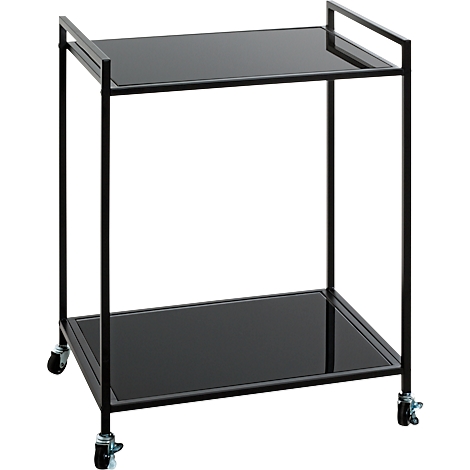 Zwarte serveerwagen met twee glazen planken, op wielen.