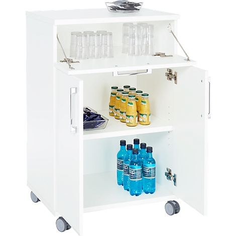 Witte drankkast met drankjes, glazen en blauw water op wielen. De bovenklep is open, met flessen.