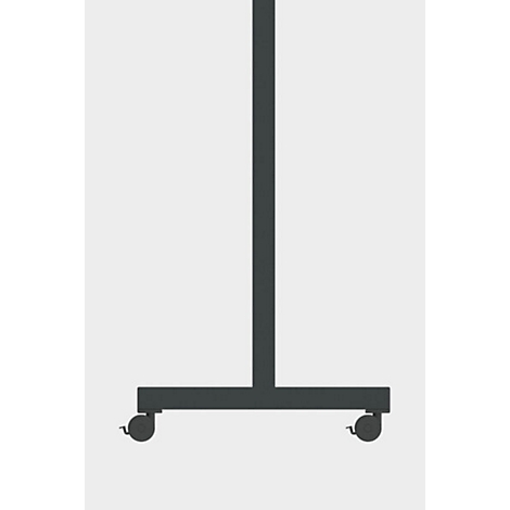 Zwart tafelframe met wielen, op een lichtgrijze achtergrond.