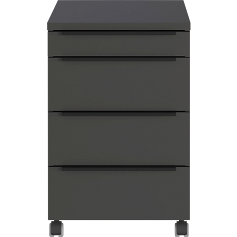 Donkergrijze rolcontainer met vier lades en wielen. De lades hebben smalle, horizontale handgrepen.
