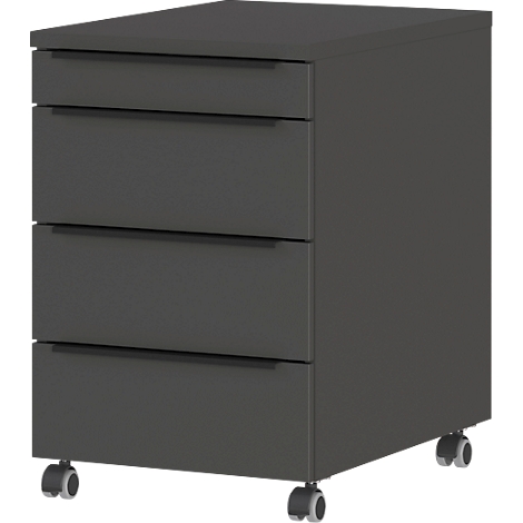 Grijze rolcontainer met vier lades en wielen. De handgreep is horizontaal in de laden verwerkt.