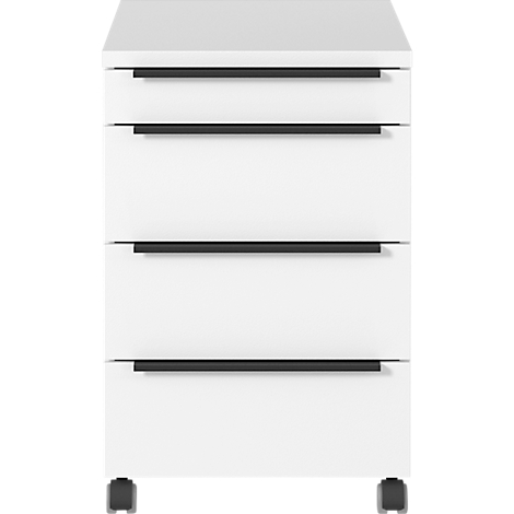Witte archiefkast met vier lades en zwarte handgrepen. De kast staat op wielen.