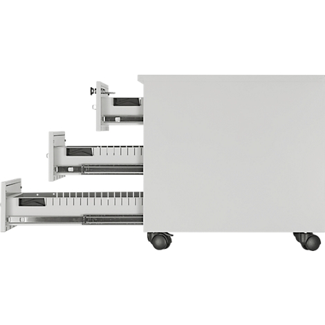 Witte, drielades rollende container, gedeeltelijk open, staand op de vloer met wielen.