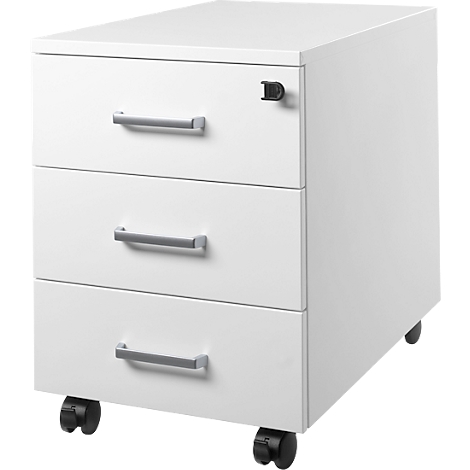 Witte rolcontainer met drie lades en zilveren handgrepen. Hij staat op vier zwarte wieltjes. Er zit een slot aan de zijkant.