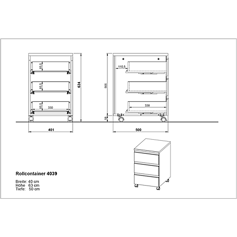 Technische tekening: rolcontainer met afmetingen. Bovenaanzicht, zijaanzicht en perspectiefweergave.