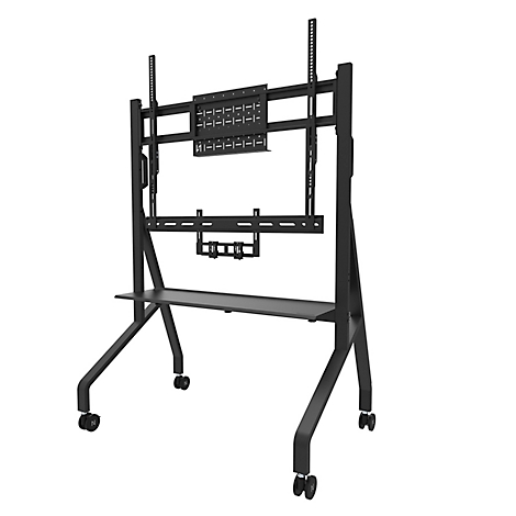 Zwarte, mobiele tv-standaard met wielen, plank en beugels voor een scherm.