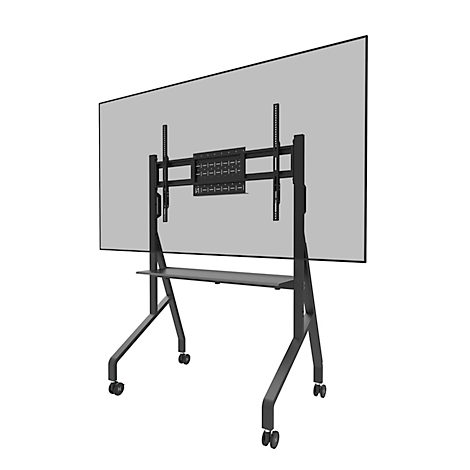 Zwart scherm op een standaard met wielen. De standaard is ook zwart. De achterkant van het scherm is zichtbaar.