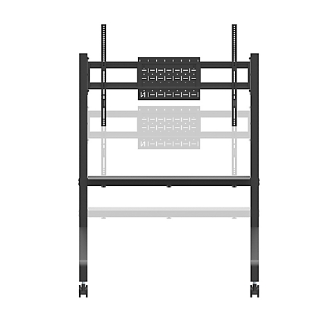 Zwarte, vrijstaande tv-standaard, staand op wielen, met een beugel om een scherm vast te houden.