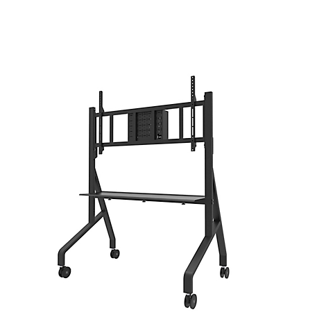 Zwarte, mobiele tv-standaard met wielen, plank en beugel voor scherm. Tegen een witte achtergrond.