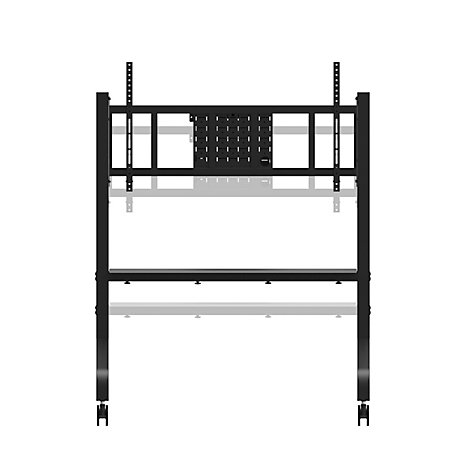Zwarte presentatiestandaard zonder scherm, met meerdere horizontale en verticale stutten. De constructie staat op wielen.