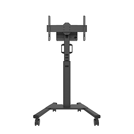 Zwarte, mobiele tv-standaard op wielen, vooraanzicht.