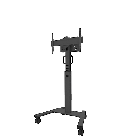 Zwarte tv-standaard met wielen. Bestaande uit voet, kolom en beugel voor de tv.