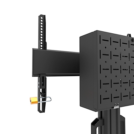 Detailopname van een zwarte muurbeugel. Er zijn gaten in de beugel geboord, naast een gele zekering.