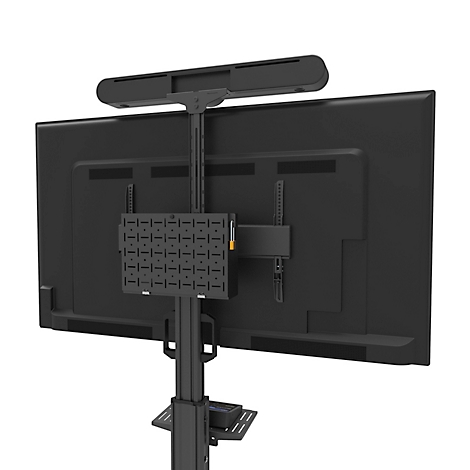 Zwarte tv-standaard met scherm, verlichting en accessoires.