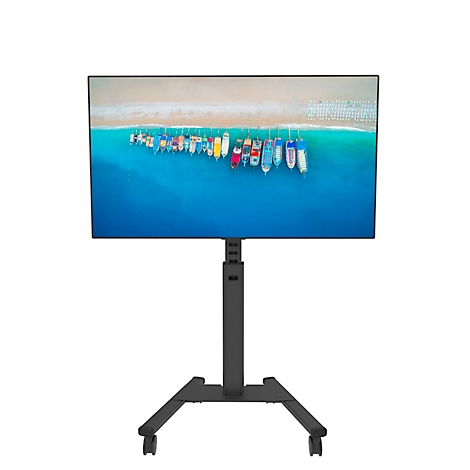 Een zwarte tv-standaard met wielen, waaraan een scherm is bevestigd, met een scène met boten op zee.