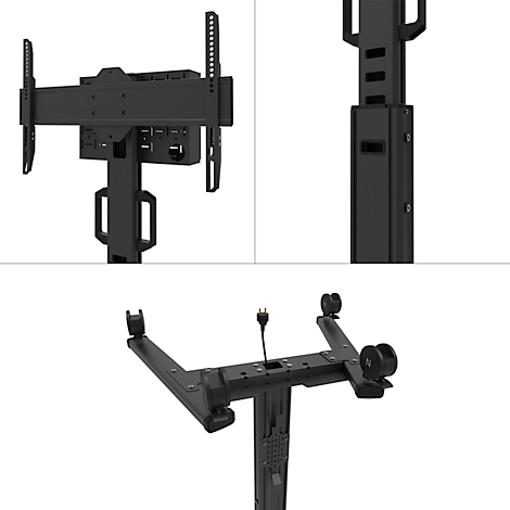 Drie-delig productbeeld met een zwarte tv-standaard in verschillende aanzichten.
