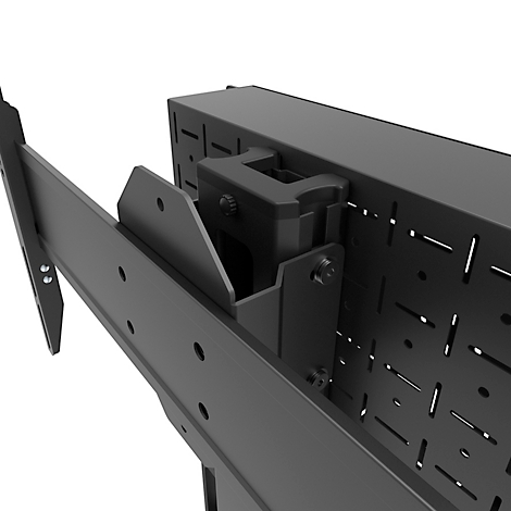Close-up van een zwarte tv-beugel. De beugel is gemaakt van metaal en bevestigd met schroeven. De achtergrond is wit.