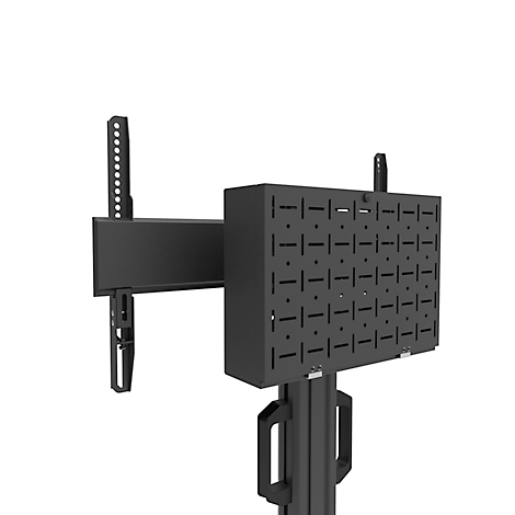 Zwarte tv-standaard. Rechthoekige constructie met gaten aan de voorkant en zijbeugels.