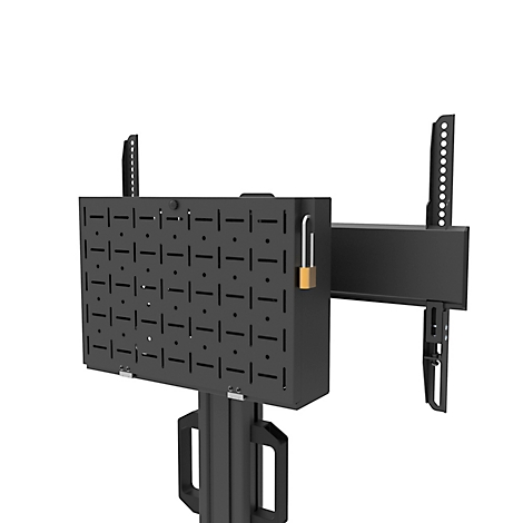 Zwarte, afsluitbare tv-houder met gaten, hangslot, beugels voor wandmontage.