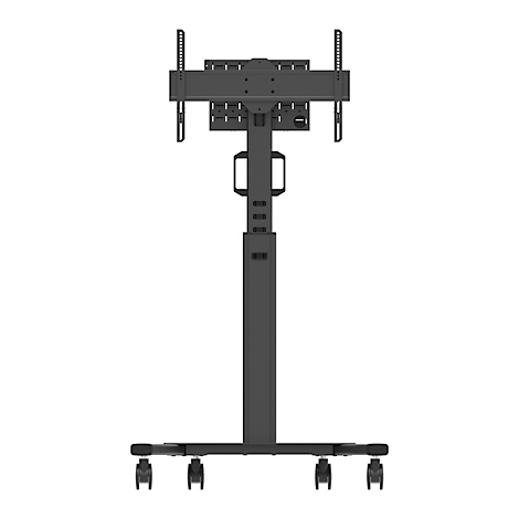 Zwarte tv-standaard met wielen. Beugel voor scherm en handgrepen. Stand met wielen.