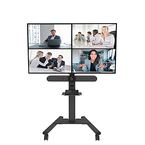 Zwart mobiel videoconferentiesysteem met 4 videobeelden. Deelnemers lijken deel te nemen aan virtuele vergaderingen.