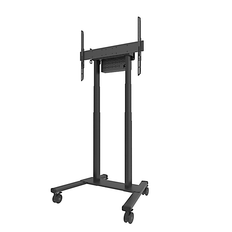 Zwarte mobiele tv-standaard met verstelbare hoogte en wielen.