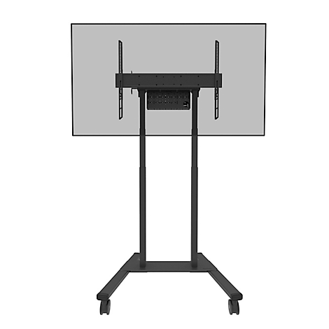 Zwarte tv-standaard, het scherm is grijs. De standaard heeft wielen.