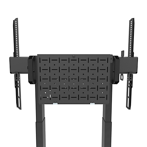 Zwarte tv-standaard. Het heeft twee zijbeugels voor een scherm en een geperforeerde metalen plaat.