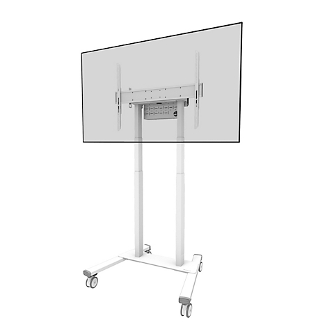 Zicht op de achterkant van een witte tv-standaard met een gemonteerd scherm. Het scherm is lichtgrijs, de standaard is rolbaar.