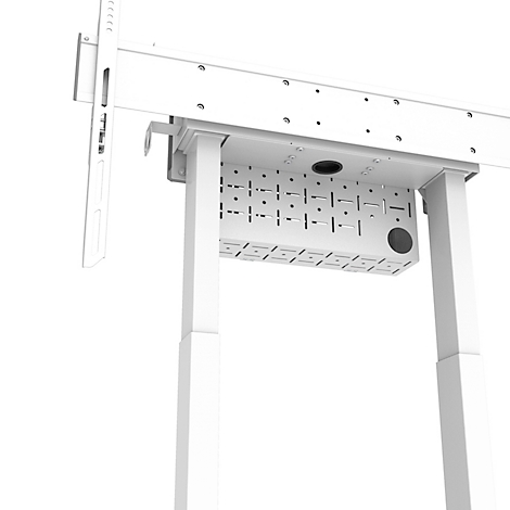 Detailopname van een wit kabelmanagementsysteem onder een bureau. Een zwarte cirkel is zichtbaar aan de rechterkant.