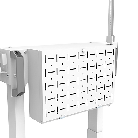 Wit geverfde metalen doos met een patroon van horizontale lijnen en stippen.