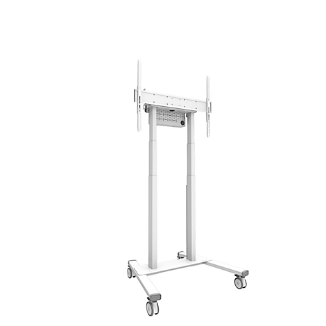 Witte, mobiele tv-standaard met wielen, bestaande uit verticale kolommen en een beugel voor het scherm.