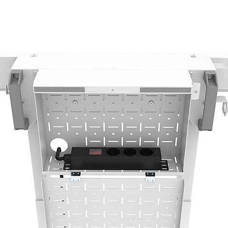 Witte metalen behuizing met geïntegreerde stekkerdoos, detailweergave.