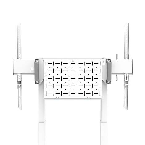 Wit TV-montagesysteem, vooraanzicht. Een paneel met gaten, beugels voor het scherm, steunen.