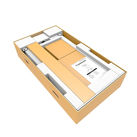 Een kartonnen doos met verpakkingsmateriaal en onderdelen, vermoedelijk voor een standaard. Onderdelen en instructies zijn zichtbaar.