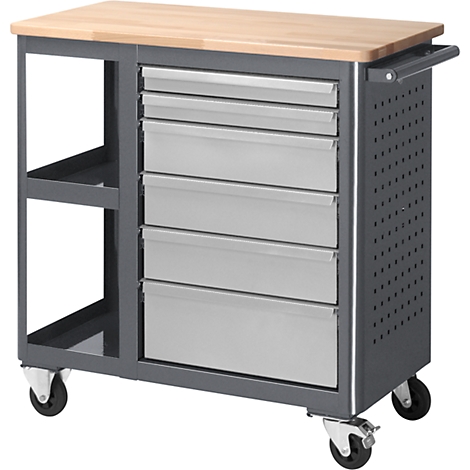 Werkplaatskar met houten blad, laden en wielen. Grijs metalen frame met geel hout bovenop.