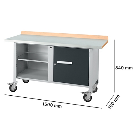 Werkbank op wielen, metalen frame, houten blad, grijze kleur, kast met deur en lades.