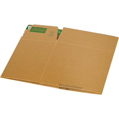 Offene, braune Versandverpackung. Oben links grünes Etikett mit Schriftzug.