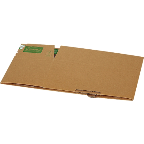 Geöffnete braune Kartonverpackung, teilweise mit grünem Logo versehen.