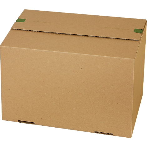 Braune rechteckige Versandverpackung aus Pappe. Der Deckel ist geschlossen und mit grünem Klebeband fixiert.
