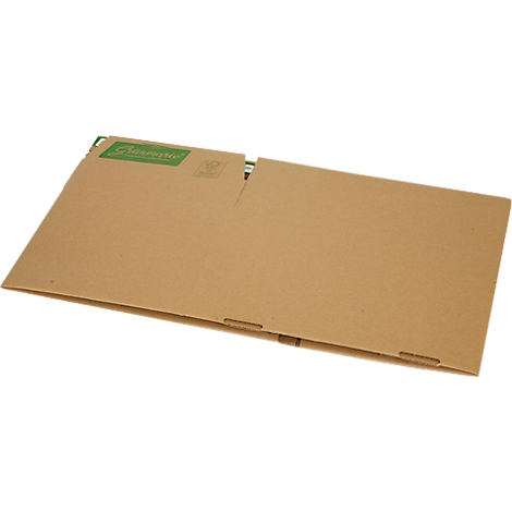 Geöffnete braune Versandverpackung. Aufschrift in Grün.