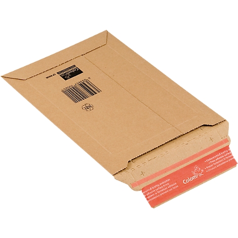 Brauner, offener Versandtaschen-Umschlag, roter Klebestreifen mit Text, Barcode.