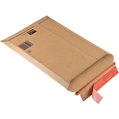 Brauner Versandkarton, teilweise geöffnet. Sichtbar sind Barcode, Klebestreifen mit Text und roter Aufdruck.