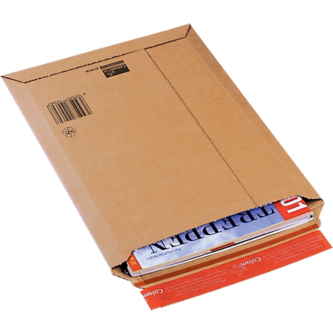 Brauner Versandtasche mit Magazinen. Der Umschlag ist offen, teilweise sind Zeitschriften mit roten Elementen zu sehen.