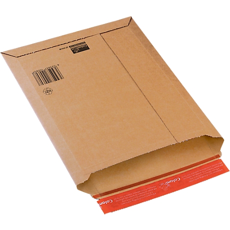 Brauner Versandtasche mit offenem Mund, rotem Streifen und Barcode.