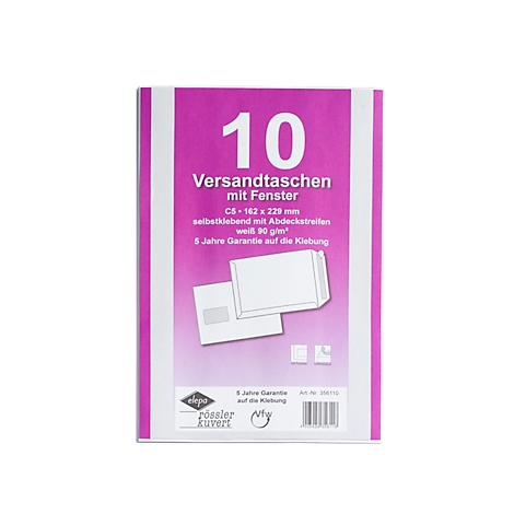 Verpackung mit 10 Versandtaschen mit Fenster, rosa Hintergrund mit weißem Text. Darunter 2 abgebildete Umschläge.