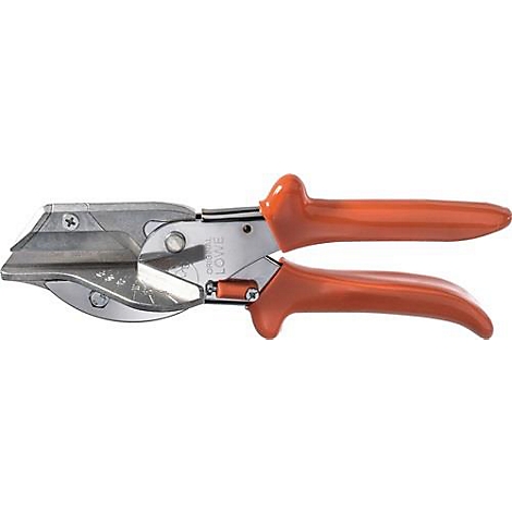 Metalen hoeksnijder met oranje handvatten; toont messen en de merknaam Lowe.