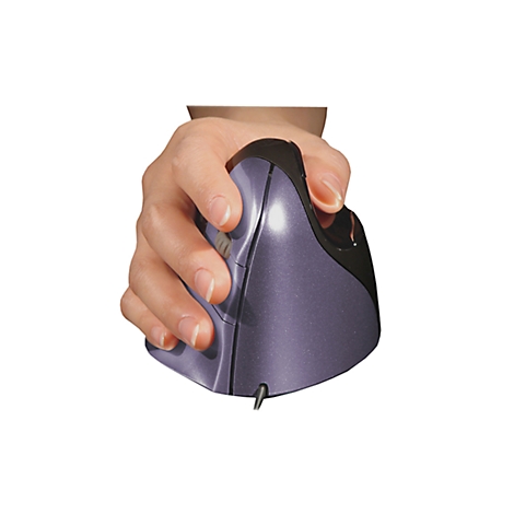 A hand holds an ergonomic, gray computer mouse.
