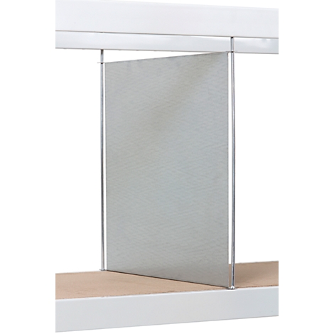 Grey, rectangular partition with fine structure in shelf. White frames, brown floor.