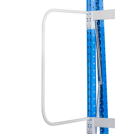 White safety bar on blue metal shelves, detail shot.